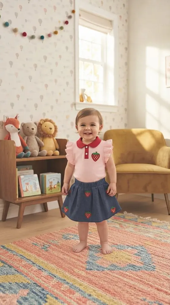 Cute Strawberry Embroidered Denim Skirt Outfit Idea for Kids