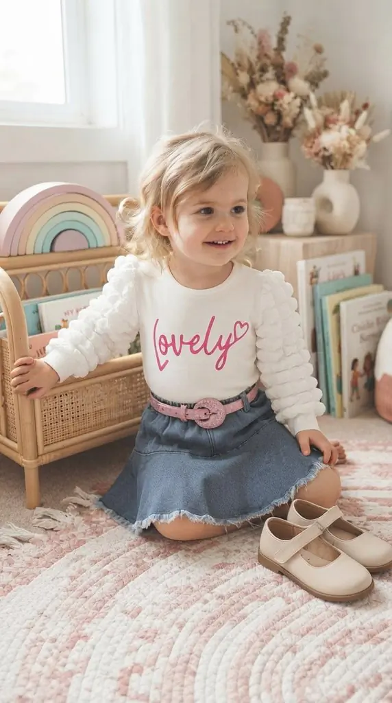 Adorable Textured Puff Sleeve Top and Denim Skirt Outfit