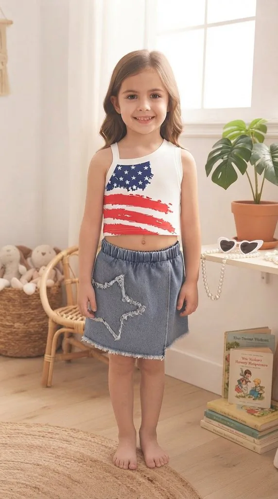 Cute Patriotic Crop Top and Frayed Hem Denim Skirt Look
