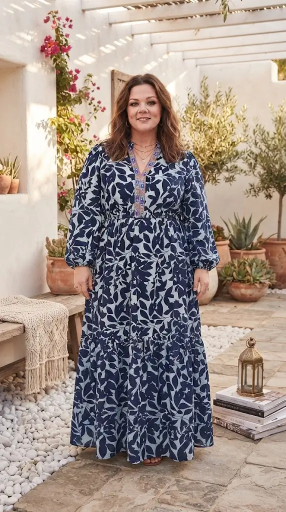 Plus Size Floral Print Notched Long Sleeve Maxi Dress Style