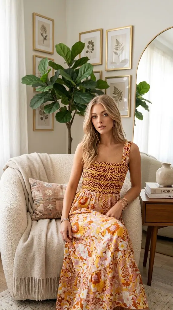 Davi & Dani Multi Smocked Bodice Geo Ruffle Strappy Midi Dress | Trendy Boho Midi Outfits