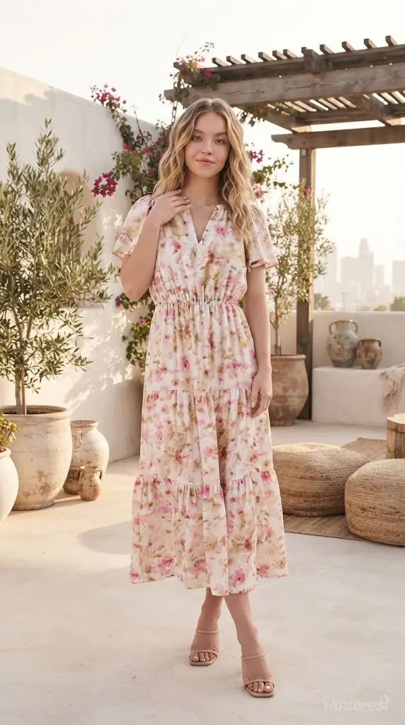 Mittoshop Flower Print Flutter Sleeve V Slit Maxi Dress | Floral Outfit