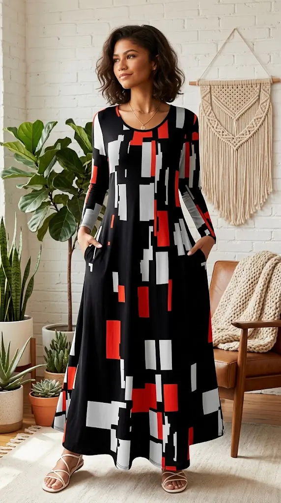 Geometric Print Long Sleeve Maxi Dress | Bold Abstract Patterned Maxi Outfits