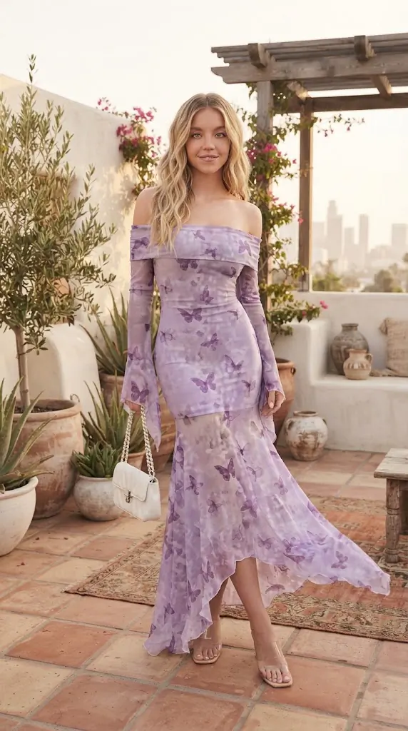 Butterfly Print Off-Shoulder Mesh Mermaid Dress | Romantic Outfit
