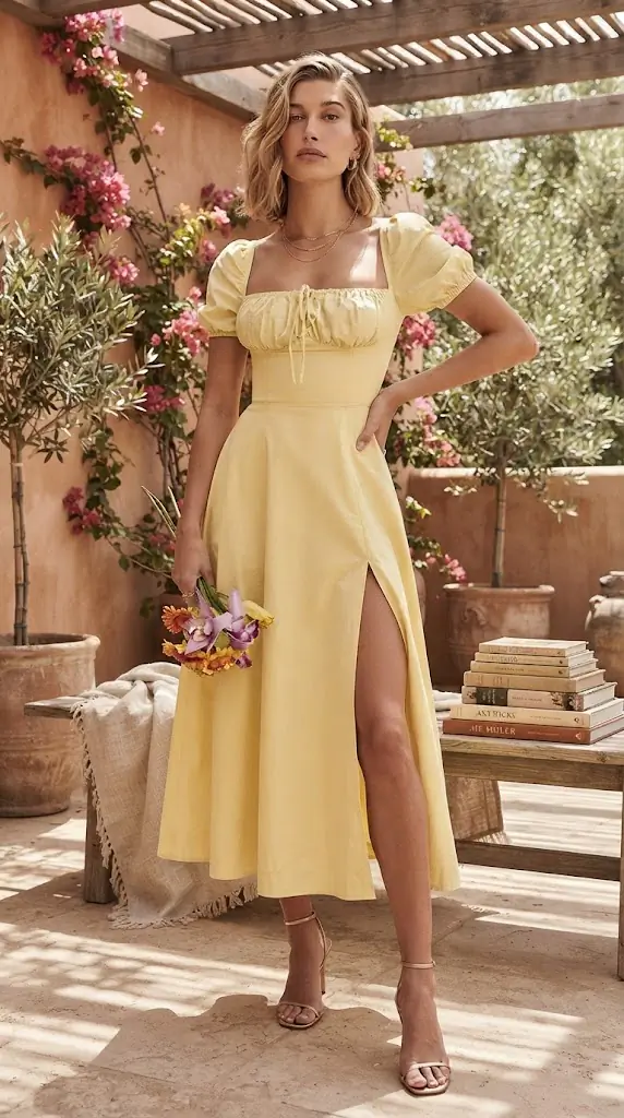 Puff Sleeve Tie Front Slit Midi Dress Look
