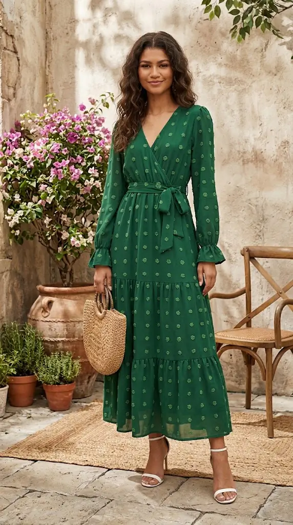 Swiss Dot Tied Surplice Flounce Sleeve Dress | Emerald Green Maxi Outfit