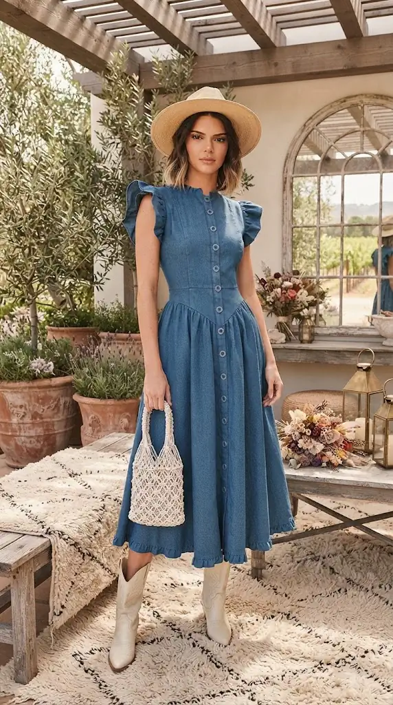 Ruffled Cap Sleeve Denim Dress Outfit Ideas