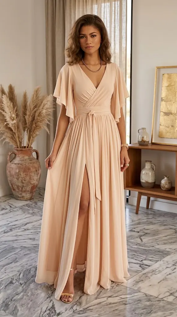 Surplice Flutter Sleeve Maxi Dress | Elegant Nude Wedding Guest Outfit