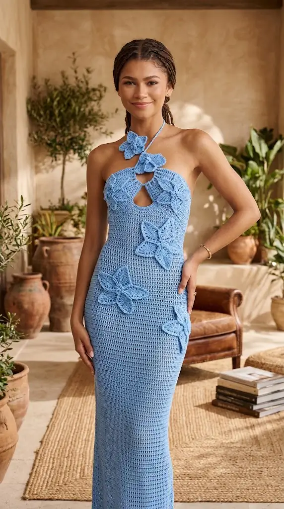 Crochet Floral Halter Knit Cover Up Dress