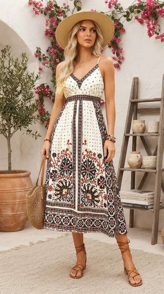 Printed V-Neck Midi Cami Dress Outfit Ideas