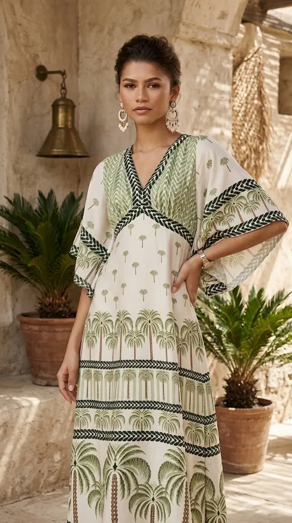 Palm Print V-Neck Midi Dress | Tropical Resort Wear Outfit