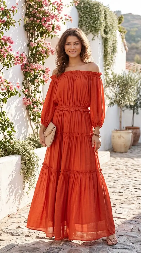 Cutout Frill Off-Shoulder Maxi Dress