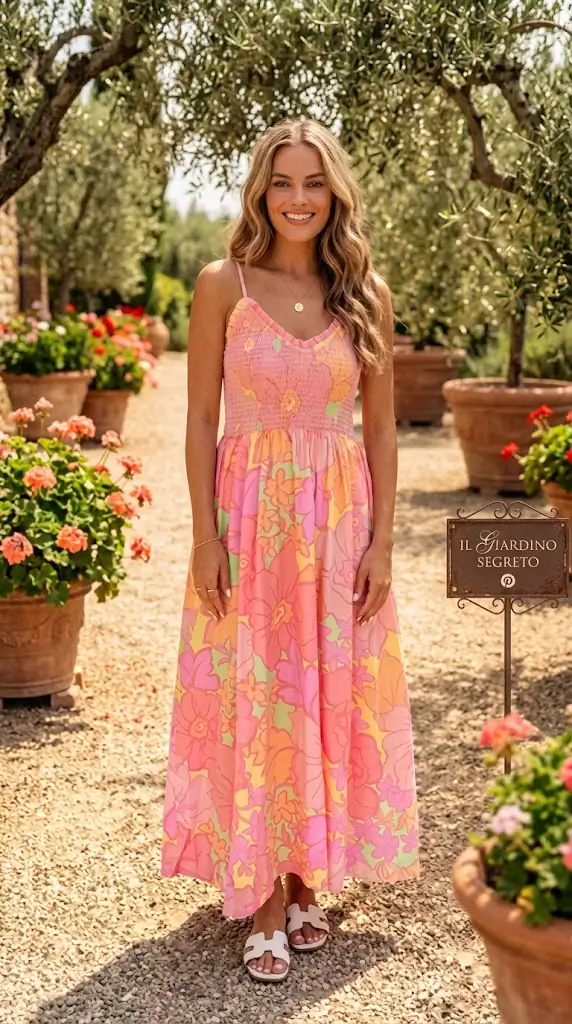 Spaghetti Straps Floral Shirred High Waist Dress | Pink Summer Maxi Sundress