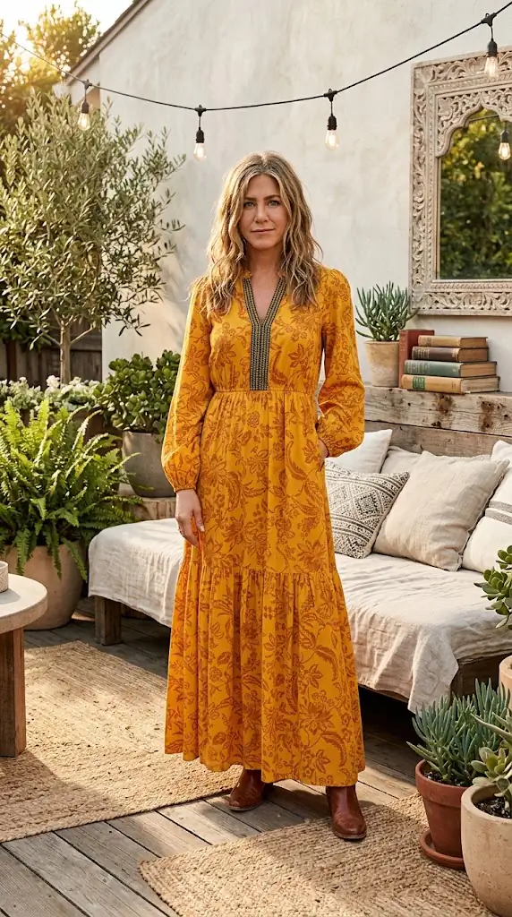 Printed Notched Balloon Sleeve Dress | Mustard Yellow Boho Maxi Dress