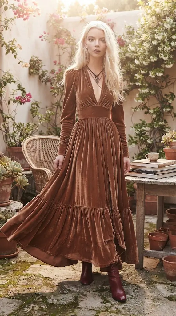 Velvet V-Neck Long Sleeve Ruffled Dress | Fall Maxi Outfit Ideas