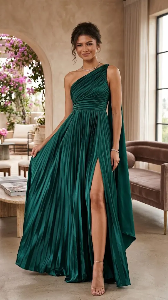 One-Shoulder Pleated Slit Maxi Dress – Emerald Green Formal Evening Gown