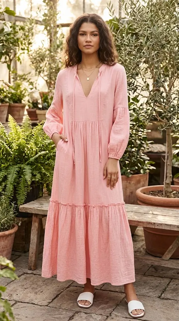 Frill Tiered Tie Neck Long Sleeve Dress