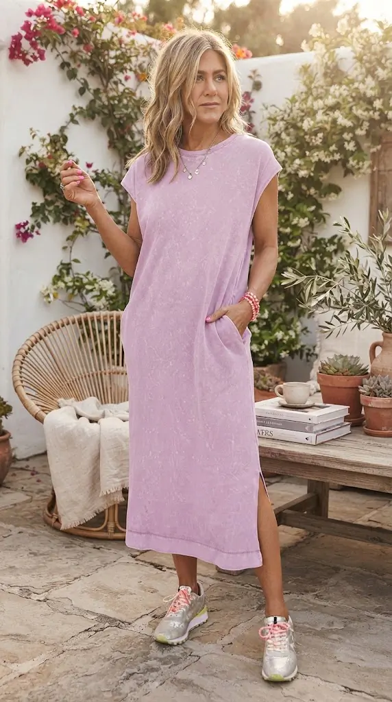 Side Split Round Neck Cap Sleeve T-Shirt Dress | Casual Maxi Style