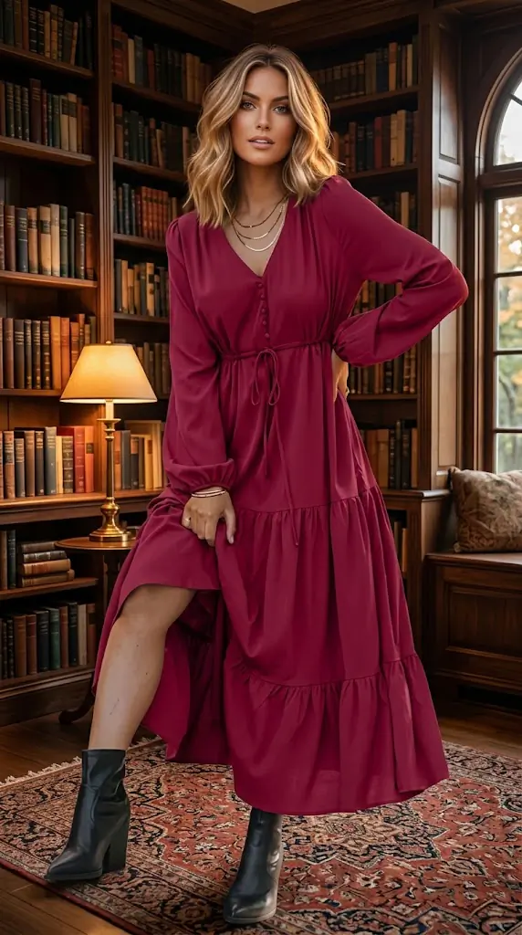 Long Sleeve Button V Neck Tiered Dress – Chic Fall Outfit Ideas