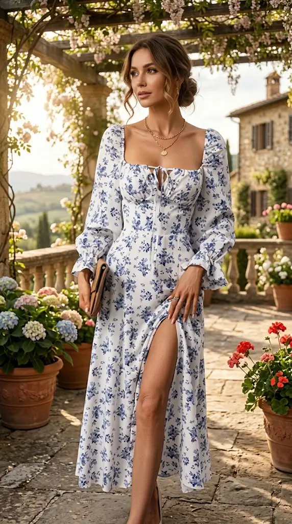 Floral Print Square Neck Flounce Sleeve Dress with Side Slit – Italian Summer Vacation Outfits
