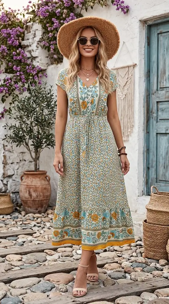 V-Neck Short Sleeve Printed Maxi Dress | Boho Floral Outfit