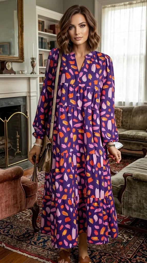 Printed Notched Long Sleeve Dress – Vibrant Autumn Outfit Ideas