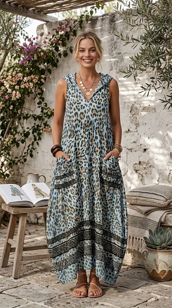 Full Size Sleeveless Hooded Leopard Print Maxi Dress with Pockets Plus Size