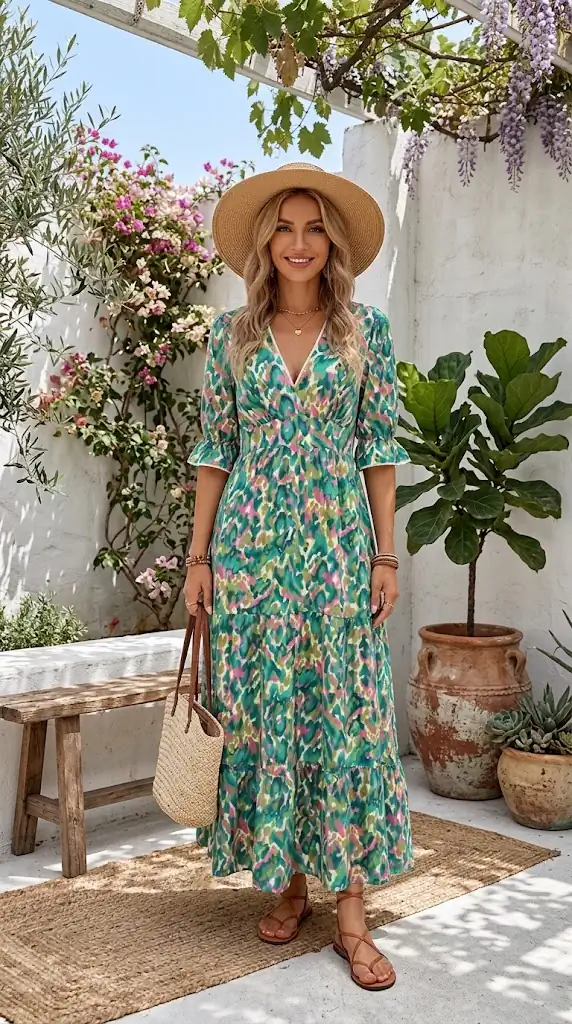 Printed V-Neck Flounce Sleeve Dress | Vibrant Summer Maxi Outfit Ideas