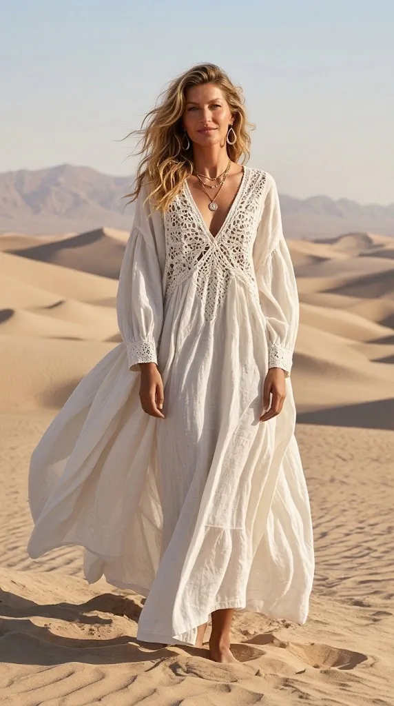 Crochet Trimmed V-Neck Midi Dress