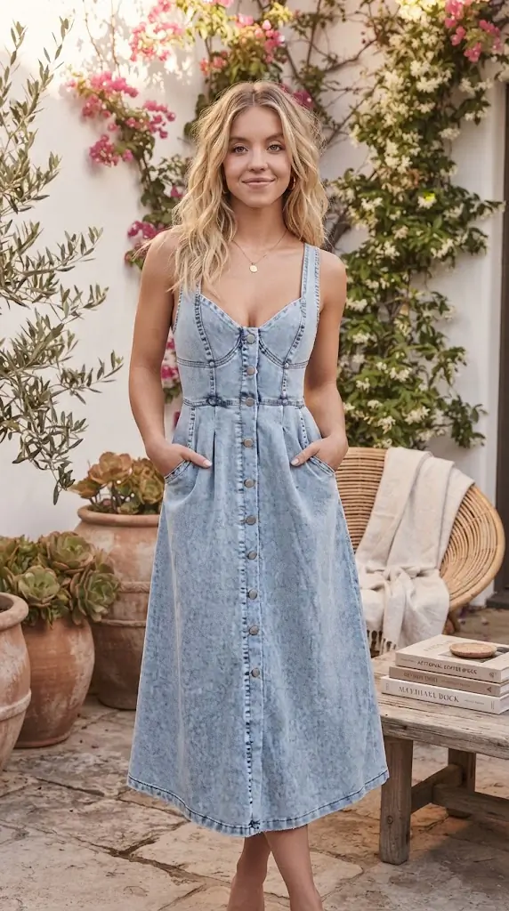 Sweetheart Neck Button-Front Midi Denim Dress | Casual Chic Style