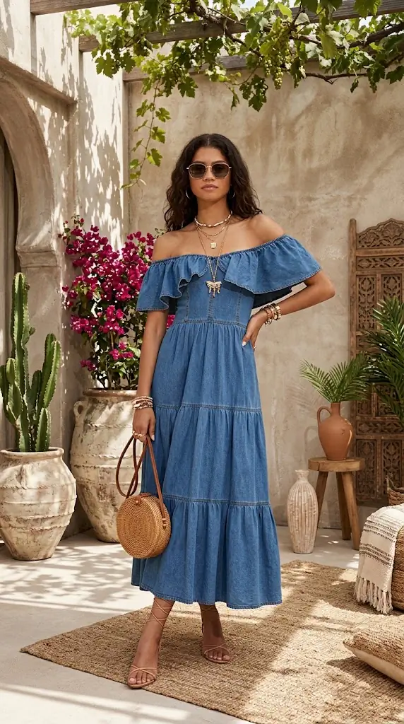 Off Shoulder Ruffle Tiered Denim Dress | Trendy Summer Maxi Outfit Ideas