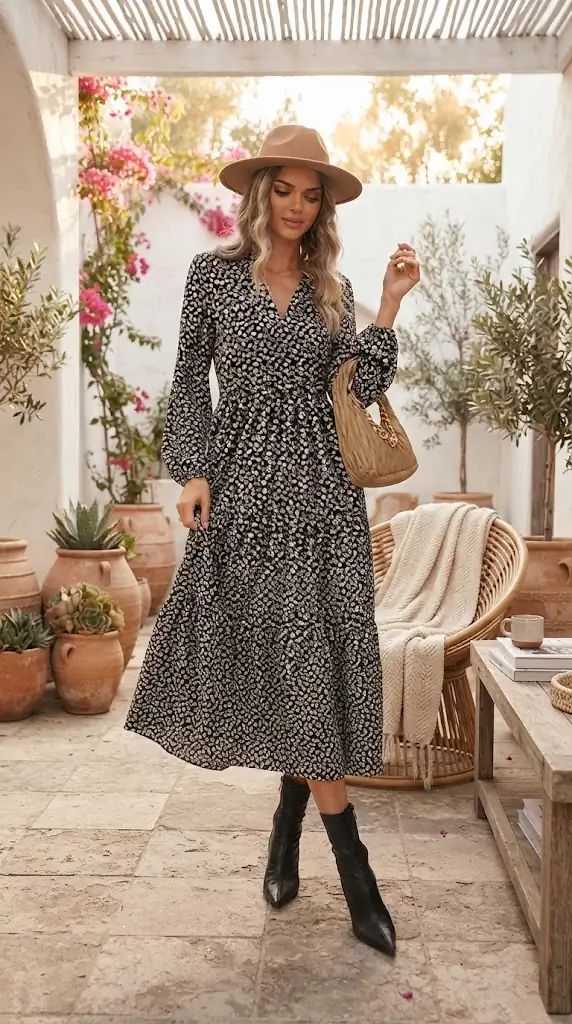 Leopard Notched Balloon Sleeve Dress Outfits