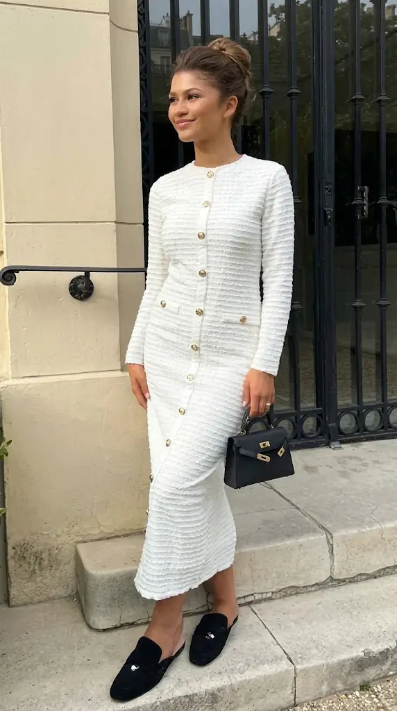 Textured Decor Button Midi Dress Chic Styling Idea