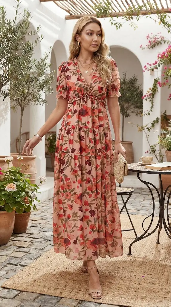 Floral V-Neck Short Flounce Sleeve Dress | Maxi Dresses