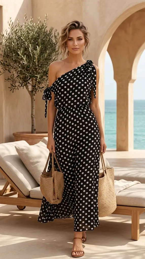 Full Size Polka Dot One-Shoulder Maxi Dress with Tie Details Plus Size | Chic Parisian Outfit