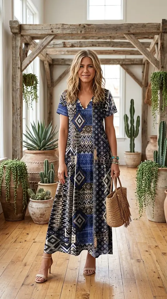 Plus Size Geometric Print V-Neck Short Sleeve Dress | Boho Maxi Sundress Outfit