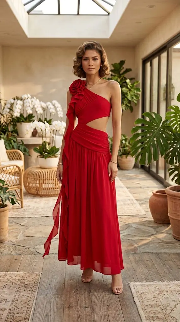 One-Shoulder Floral Decor Dress | Red Cutout Maxi Dress Outfit Idea