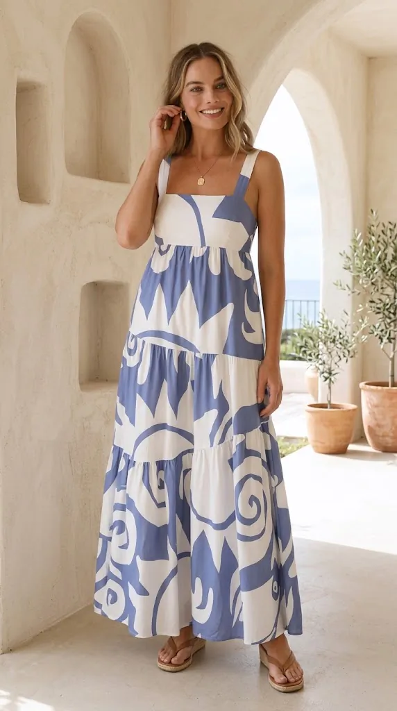 Printed Tiered Square Neck Maxi Dress | Effortless Chic Style