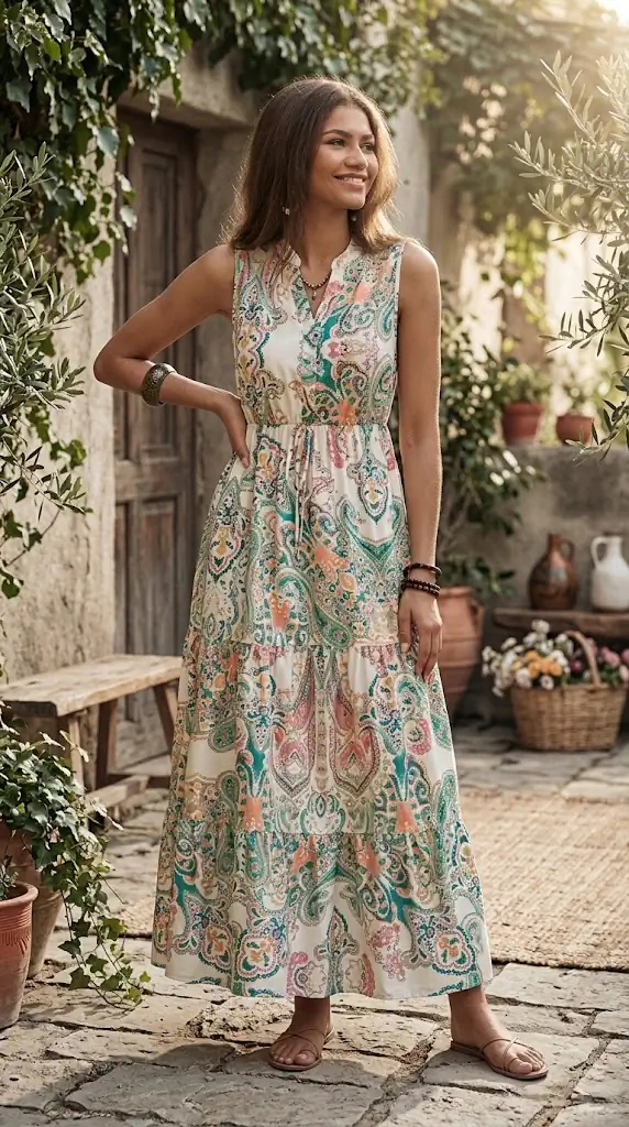 Printed Notched Sleeveless Dress | Bohemian Paisley Maxi Dress Outfit
