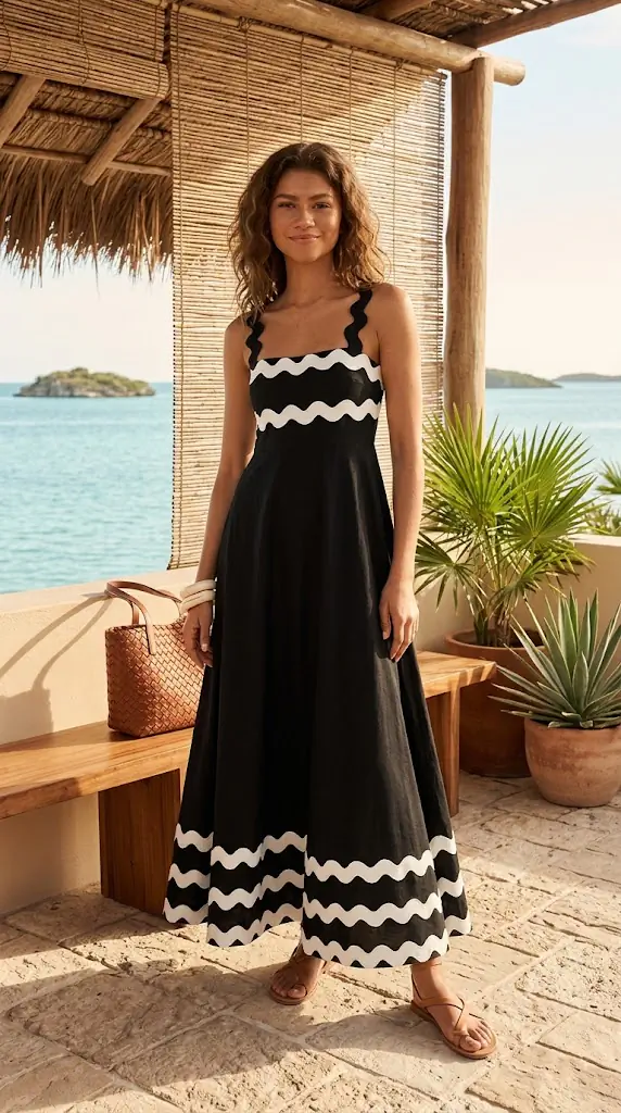Contrast Trim Square Neck Wide Strap Dress | Black Ric Rac Maxi Dress