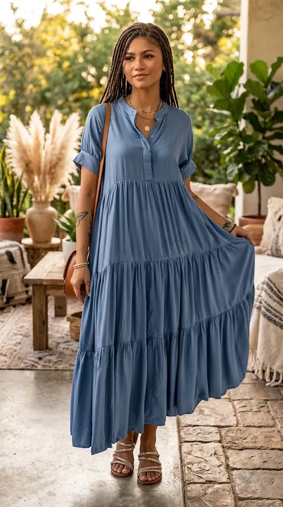 Short Sleeve Tiered Maxi Dress | Casual Blue Outfit