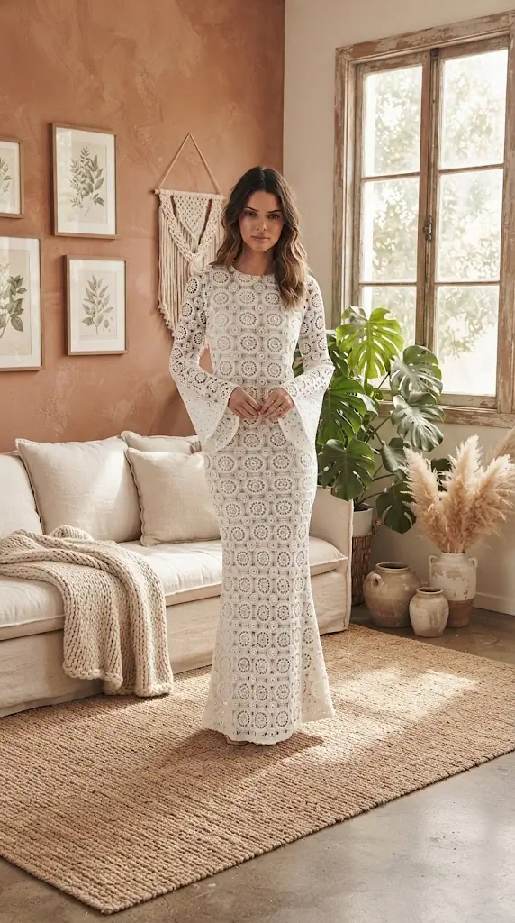 Lace Backless Round Neck Flare Sleeve Dress