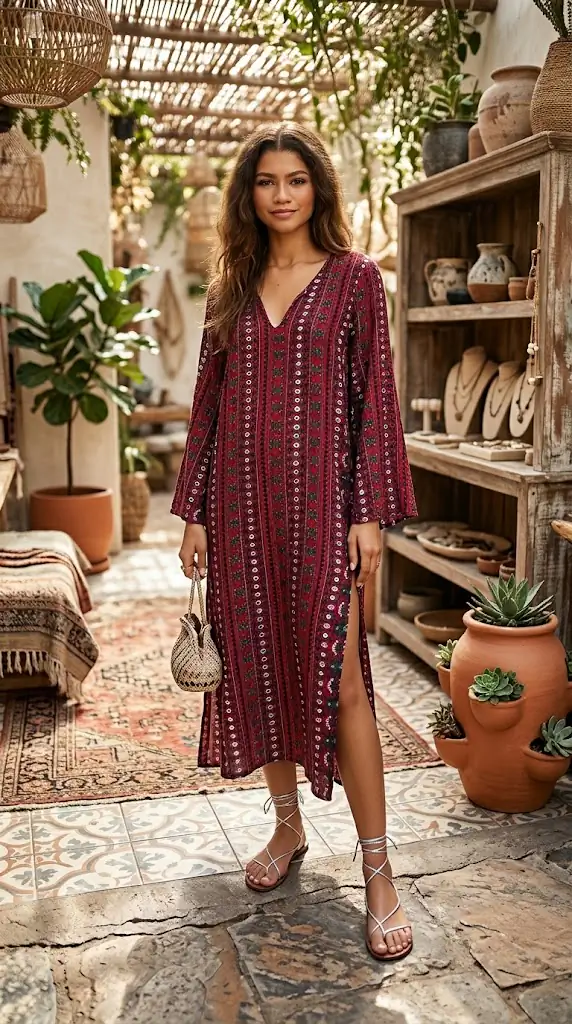 Bohemian Print Midi Dress with Side Slits – Boho Summer Style