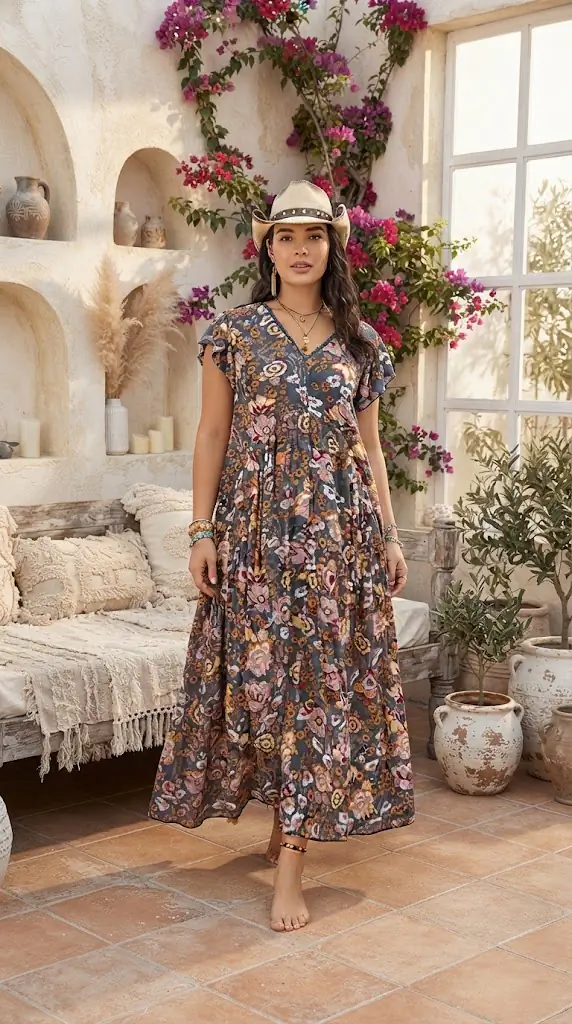 Plus Size Ruffled Printed Cap Sleeve Dress