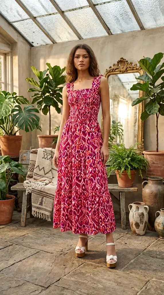 She + Sky Full Size Smocked Printed Wide Strap Tiered Dress Plus Size