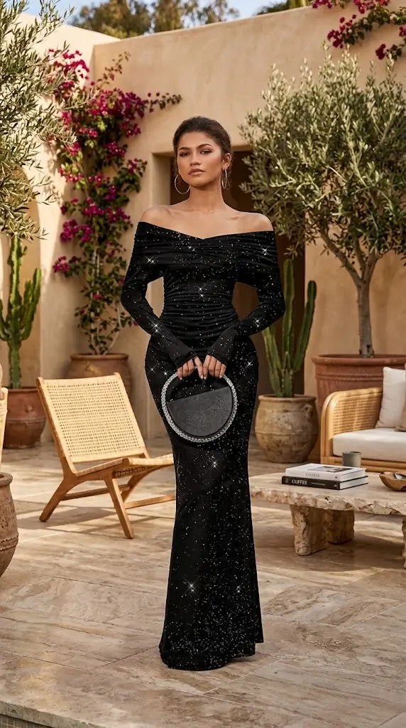 Off-Shoulder Glitter Evening Maxi Dress – Elegant Black Sparkle Long Dress