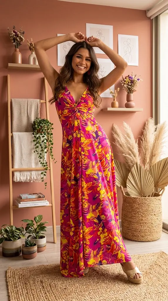 Floral Ruffled V-Neck Midi Dress with Button Front | Summer Midi Dress Outfit