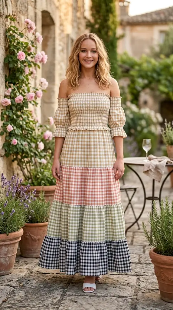 Color Block Plaid Off-Shoulder Maxi Dress
