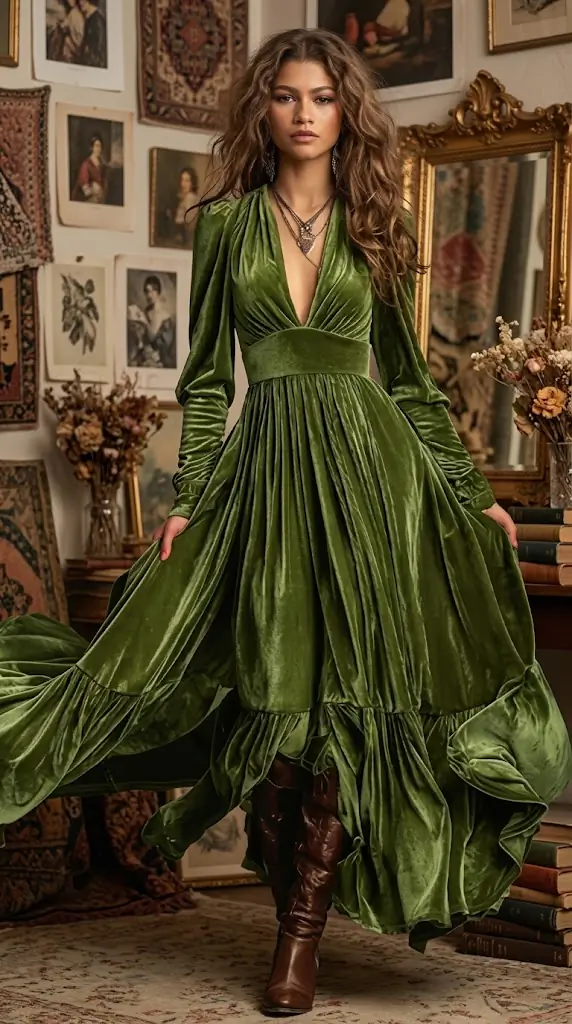 Ruffled Hem Long Sleeve Dress – Olive Green Velvet Maxi