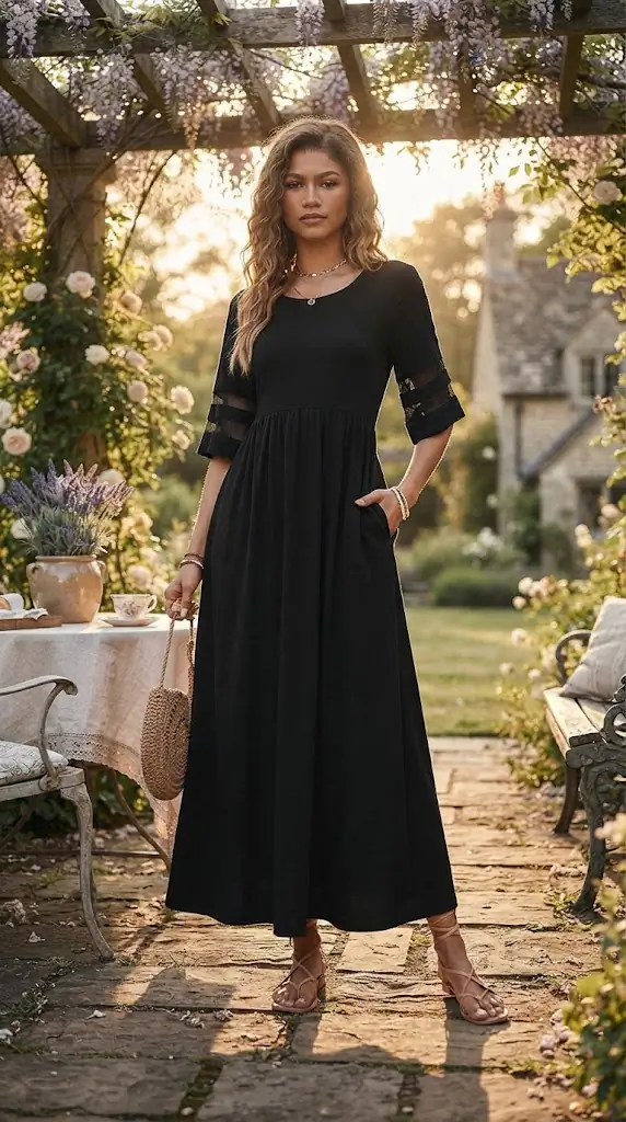 Plus Size Mesh Sleeve Round Neck Dress with Pockets